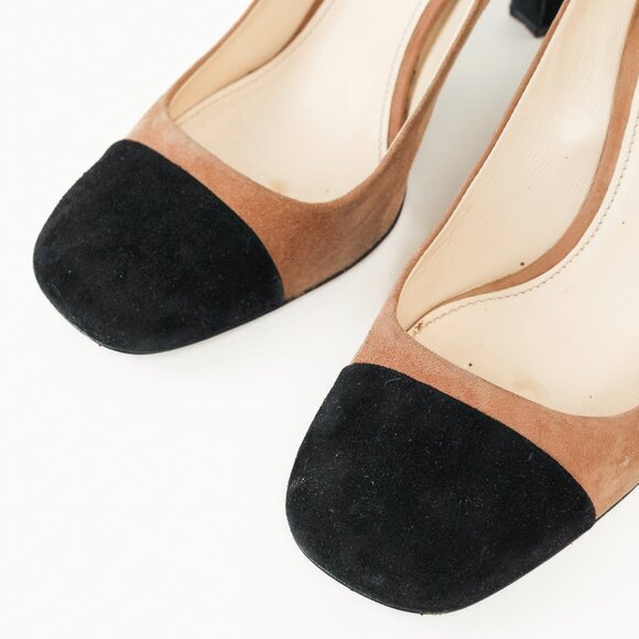 Prada Taupe & Black Cap Toe Suede Pumps - Picture 6 of 9